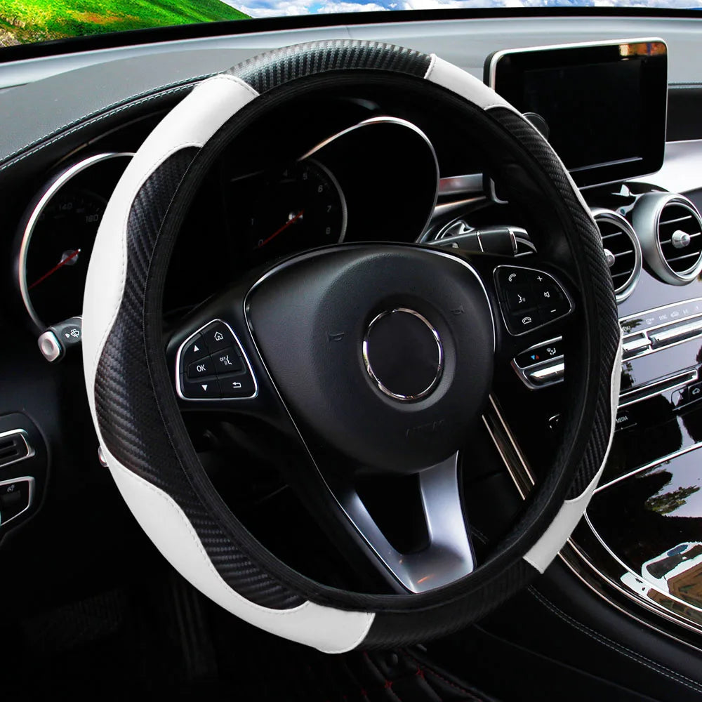 Upgrade Your Ride: PU Carbon Fiber Leather Steering Wheel Cover for 14.5-15 Inch Cars! 🚗✨