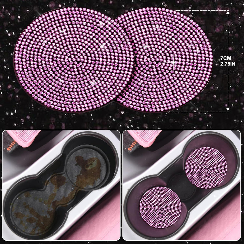11 PCS Bling Diamond Car Accessories Set for Women, Sparkly Rhinestone Steering Wheel Cover, Bling Seat Belt Cushion, Shift Knob Cover, Push Start Button Ring, Cup Holder Coaster, Black Pink