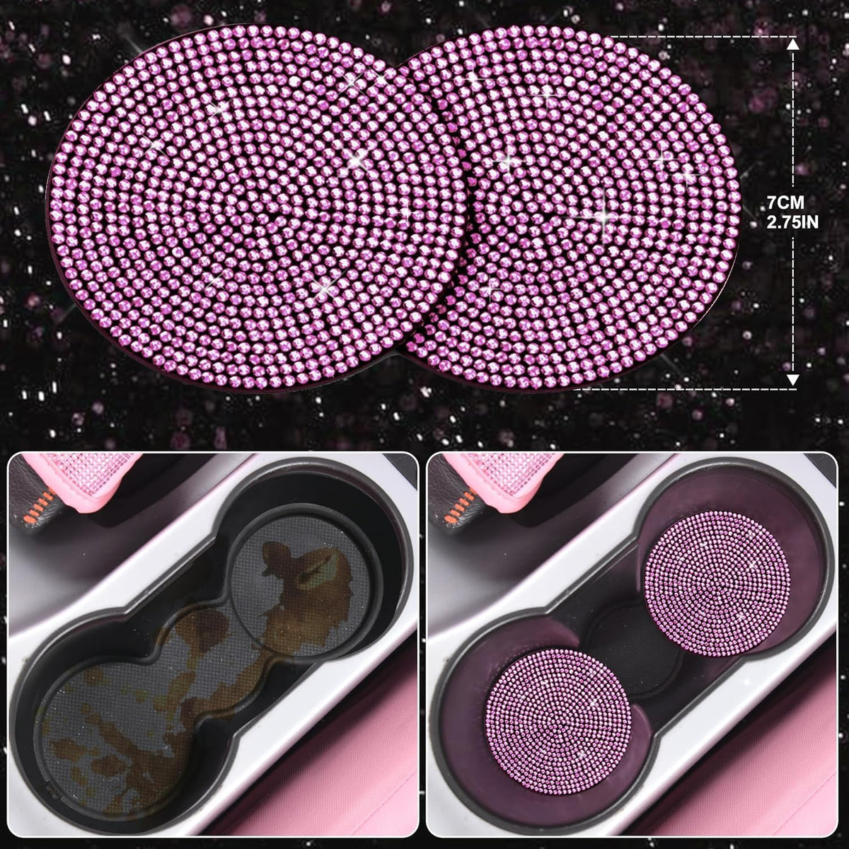 11 PCS Bling Diamond Car Accessories Set for Women, Sparkly Rhinestone Steering Wheel Cover, Bling Seat Belt Cushion, Shift Knob Cover, Push Start Button Ring, Cup Holder Coaster, Black Pink