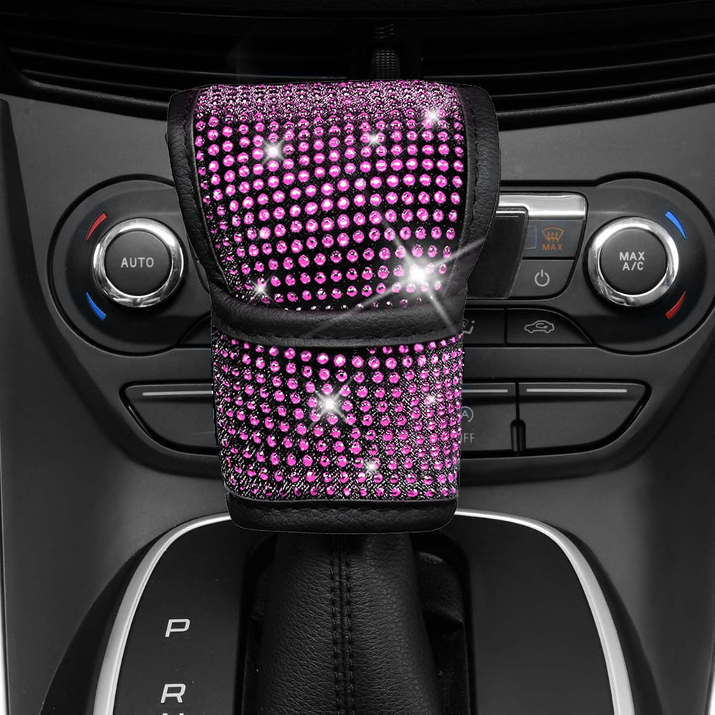 11 PCS Bling Diamond Car Accessories Set for Women, Sparkly Rhinestone Steering Wheel Cover, Bling Seat Belt Cushion, Shift Knob Cover, Push Start Button Ring, Cup Holder Coaster, Black Pink