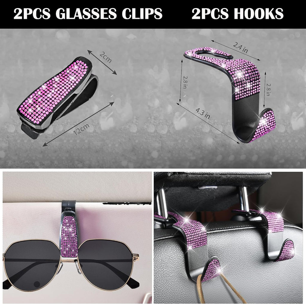 11 PCS Bling Diamond Car Accessories Set for Women, Sparkly Rhinestone Steering Wheel Cover, Bling Seat Belt Cushion, Shift Knob Cover, Push Start Button Ring, Cup Holder Coaster, Black Pink