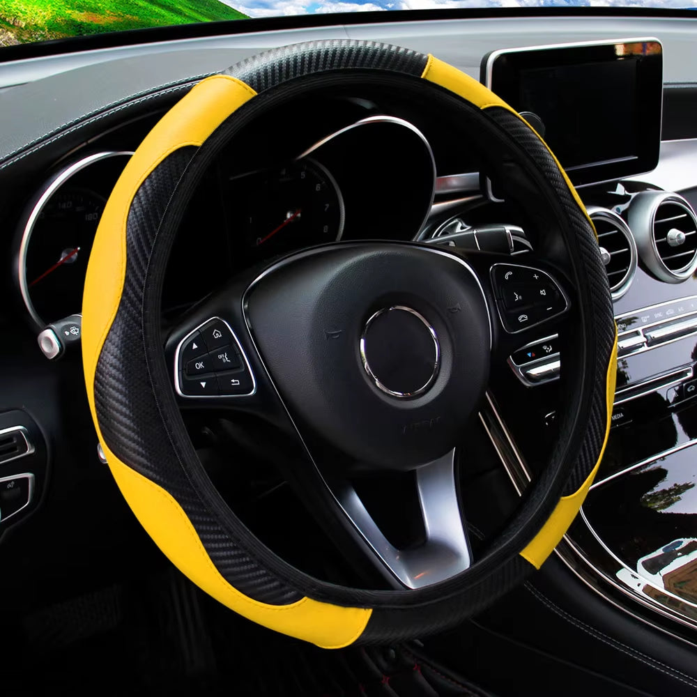 Upgrade Your Ride: PU Carbon Fiber Leather Steering Wheel Cover for 14.5-15 Inch Cars! 🚗✨