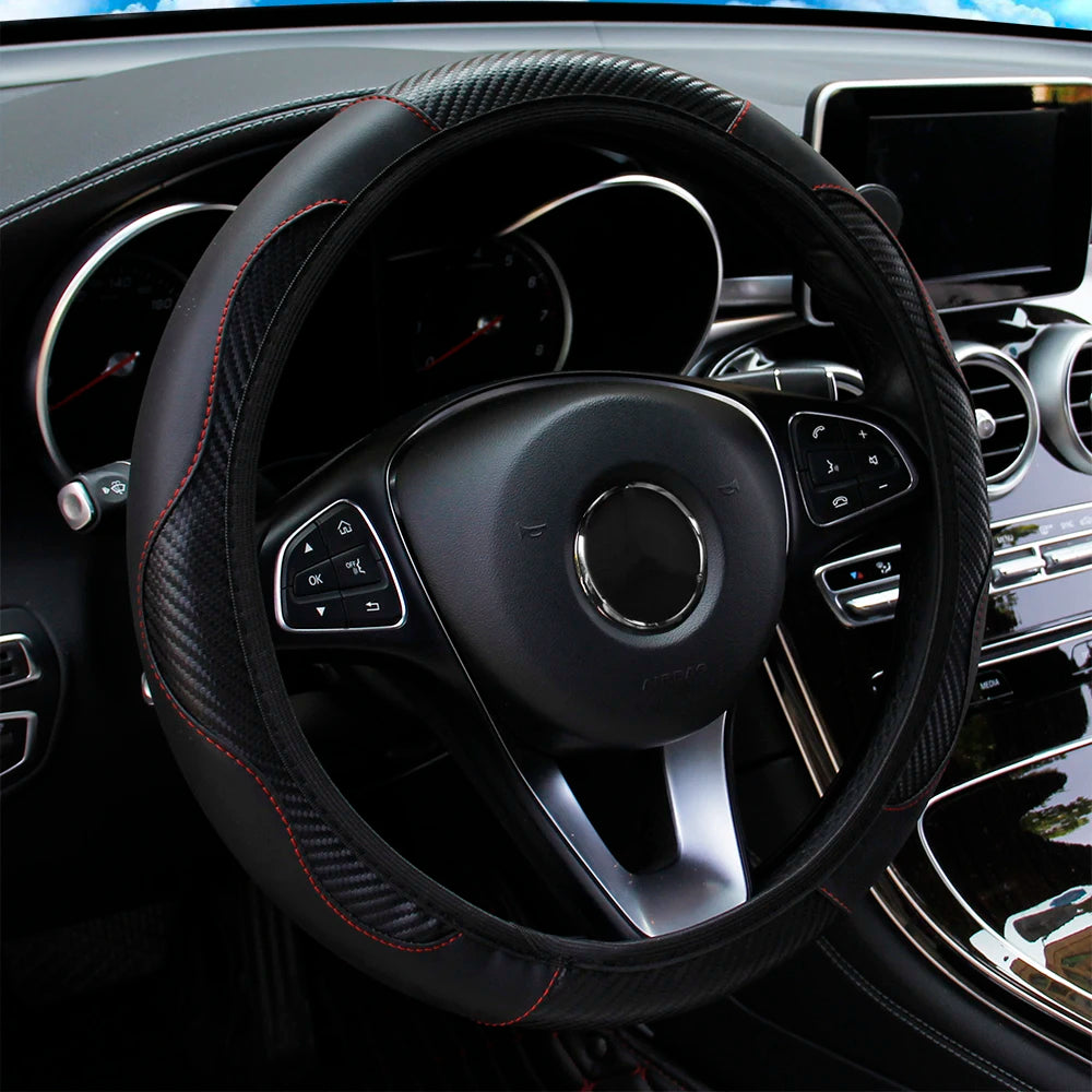 Upgrade Your Ride: PU Carbon Fiber Leather Steering Wheel Cover for 14.5-15 Inch Cars! 🚗✨