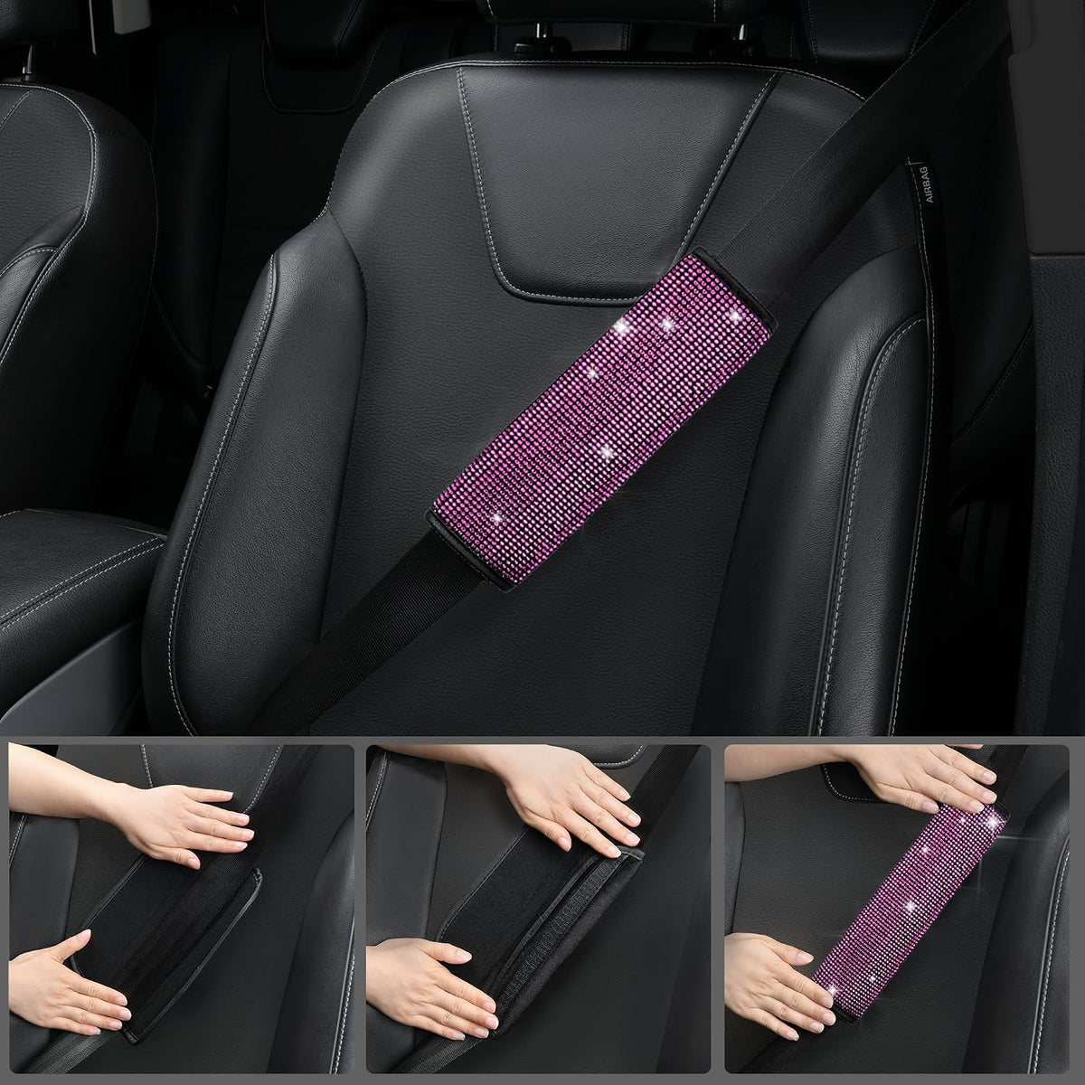 11 PCS Bling Diamond Car Accessories Set for Women, Sparkly Rhinestone Steering Wheel Cover, Bling Seat Belt Cushion, Shift Knob Cover, Push Start Button Ring, Cup Holder Coaster, Black Pink