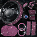 11 PCS Bling Diamond Car Accessories Set for Women, Sparkly Rhinestone Steering Wheel Cover, Bling Seat Belt Cushion, Shift Knob Cover, Push Start Button Ring, Cup Holder Coaster, Black Pink