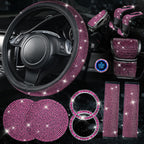 11 PCS Bling Diamond Car Accessories Set for Women, Sparkly Rhinestone Steering Wheel Cover, Bling Seat Belt Cushion, Shift Knob Cover, Push Start Button Ring, Cup Holder Coaster, Black Pink