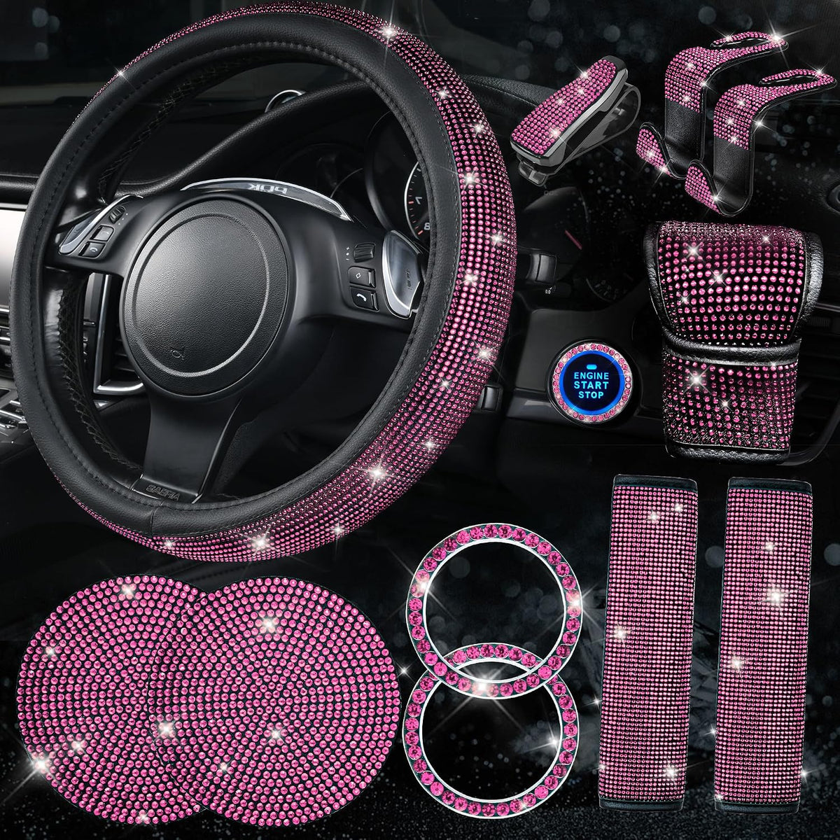 11 PCS Bling Diamond Car Accessories Set for Women, Sparkly Rhinestone Steering Wheel Cover, Bling Seat Belt Cushion, Shift Knob Cover, Push Start Button Ring, Cup Holder Coaster, Black Pink