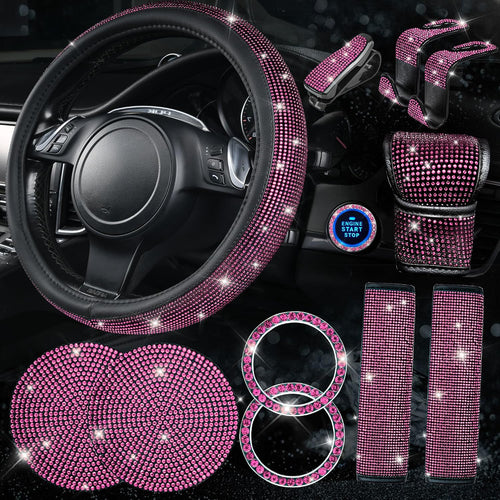 11 PCS Bling Diamond Car Accessories Set for Women, Sparkly Rhinestone Steering Wheel Cover, Bling Seat Belt Cushion, Shift Knob Cover, Push Start Button Ring, Cup Holder Coaster, Black Pink