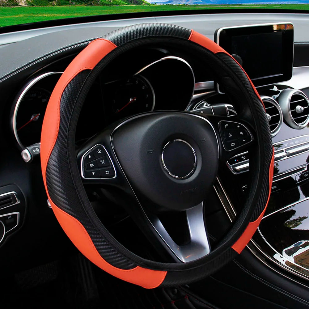 Upgrade Your Ride: PU Carbon Fiber Leather Steering Wheel Cover for 14.5-15 Inch Cars! 🚗✨