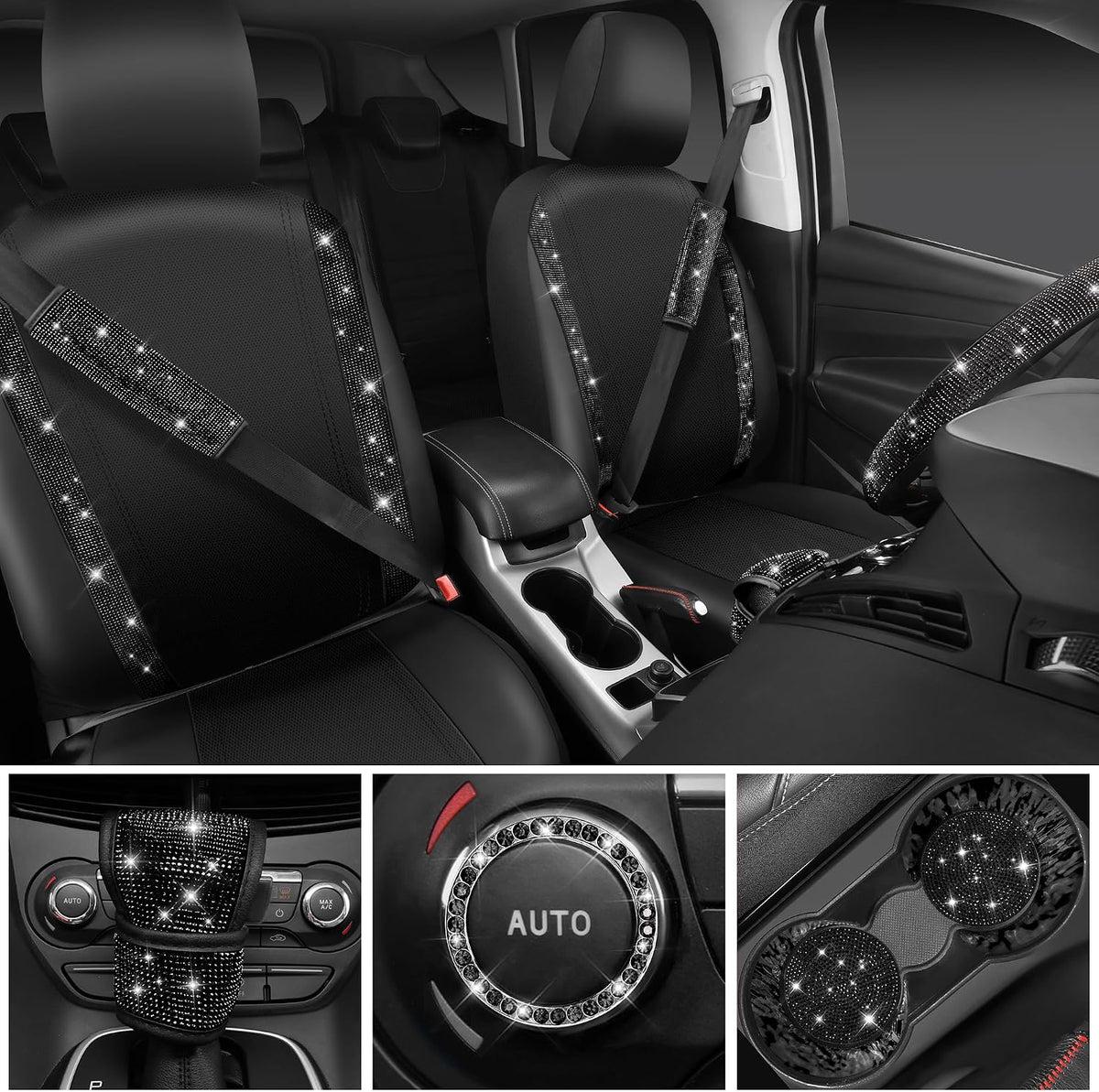 Transform Your Ride with Our Sparkly Leather Bling Seat Covers & Accessories Set! ✨💖 Perfect for Fashion-Forward Women! 🖤🚗 #CarGoals #BlingItOn