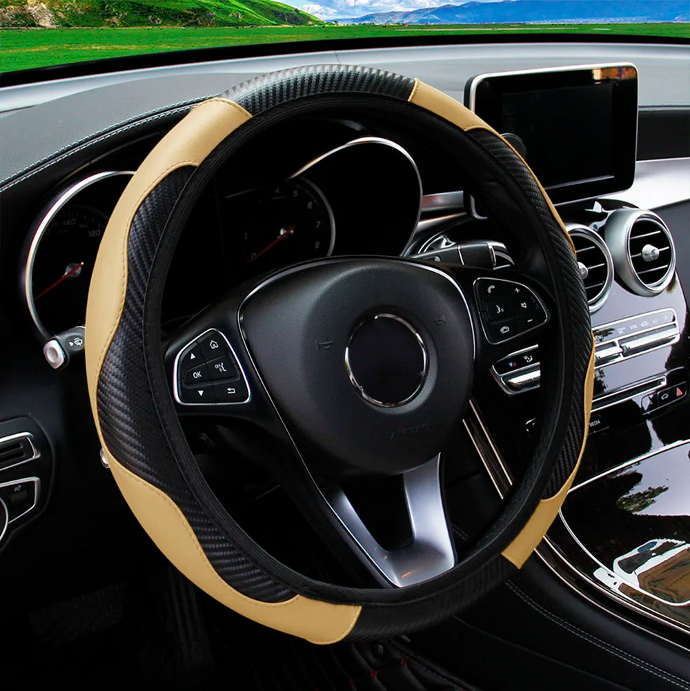 Upgrade Your Ride: PU Carbon Fiber Leather Steering Wheel Cover for 14.5-15 Inch Cars! 🚗✨