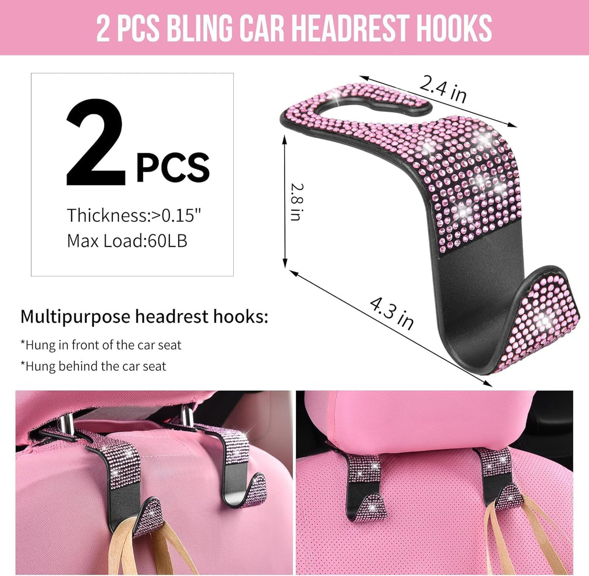 11 PCS Bling Diamond Car Accessories Set for Women, Sparkly Rhinestone Steering Wheel Cover, Bling Seat Belt Cushion, Shift Knob Cover, Push Start Button Ring, Cup Holder Coaster, Black Pink