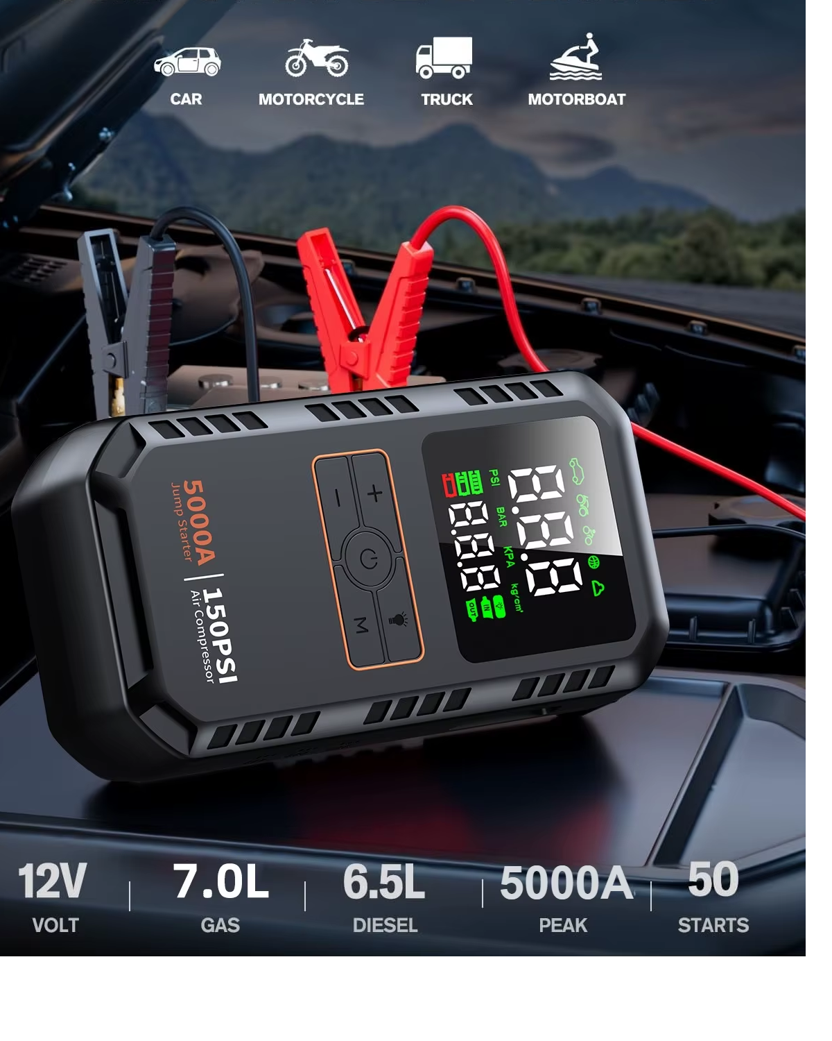 4-IN-1 Car Jump Starter with Air Compressor Peak 5000A Auto Battery Booster 150PSI Air Pump Portable Power Bank Tire Inflator
